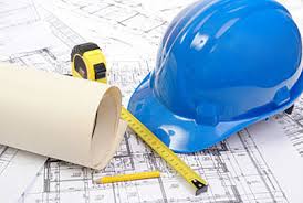 Licensed contractor helmet and blueprints